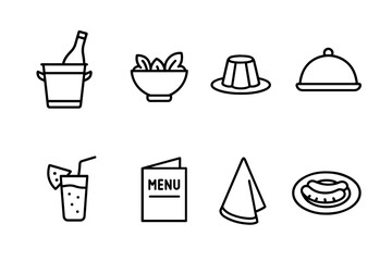 Restaurant essentials line art icons of food, drinks, and dining