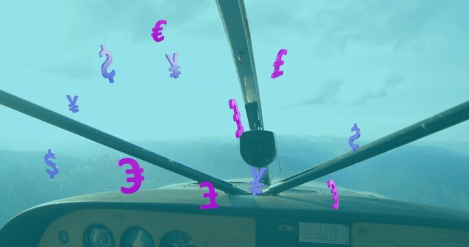 Floating purple-pink currency symbols in cockpit over peaks, highlighting strut mount and gauges - Powered by Adobe