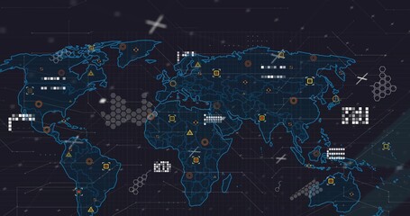 Displaying blue world map on dark grid, showing colored markers, data clusters and plus signs