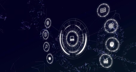 Displaying central computer icon in circular UI on dark interface, with glowing column icons, lines
