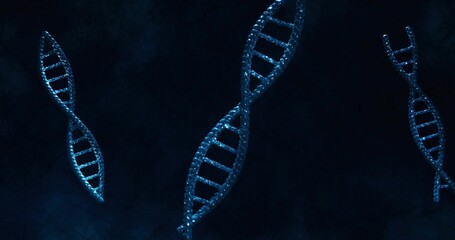 Floating central blue DNA double helix twisting in molecular environment, with smaller strands