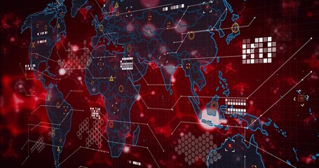 Projecting holographic world map on console, with hex grids, connection lines and warning icons