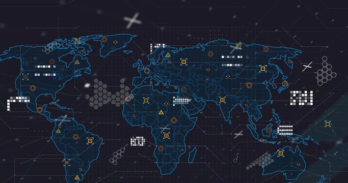 Displaying blue world map on dark grid, showing colored markers, data clusters and plus signs
