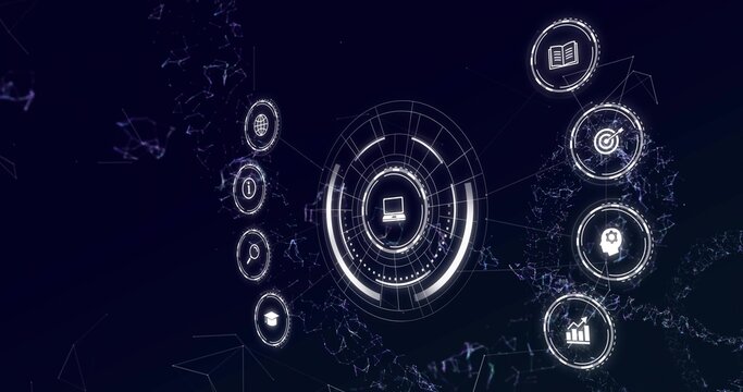 Displaying central computer icon in circular UI on dark interface, with glowing column icons, lines