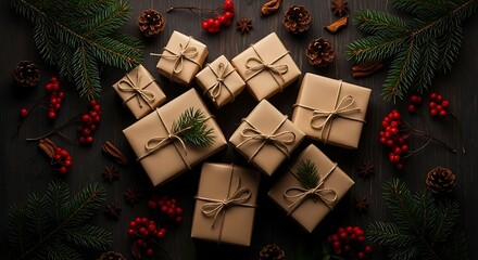 Assortment of rustic holiday presents surrounded by natural winter greenery and berries on dark wood