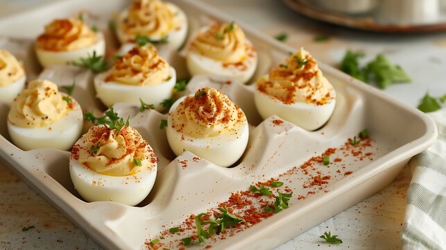 Classic deviled eggs arranged neatly in a serving tray provide an excellent appetizer presentation.
