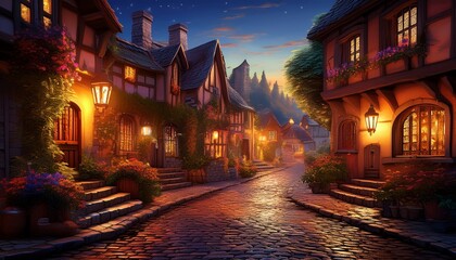 nightfall on a cobblestone street in a quaint medieval town
