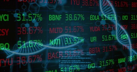 Glowing blue DNA helix spanning virtual lab display, showing red green code and percentage overlays