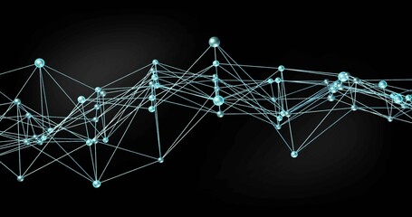 Displaying network graph spanning dark gradient backdrop, showing blue-green nodes, thin lines