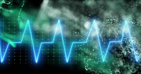 Neon blue ECG waveform pulsating across dark grid in futuristic display with green smoke, particles