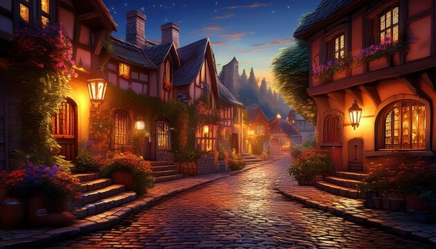nightfall on a cobblestone street in a quaint medieval town