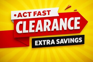 Obraz premium Bold red arrow sign with white text announcing act fast clearance and extra savings on a bright yellow background