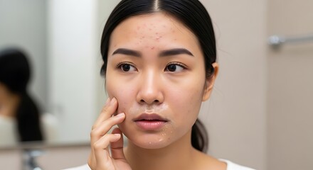 Asian woman examining her skin in the mirror with concern.
