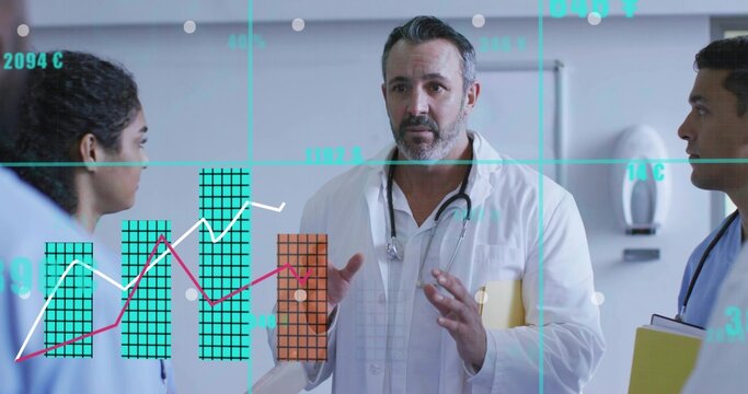 Pointing doctor with coat, stethoscope holding yellow folder in hospital corridor, with data charts - Powered by Adobe