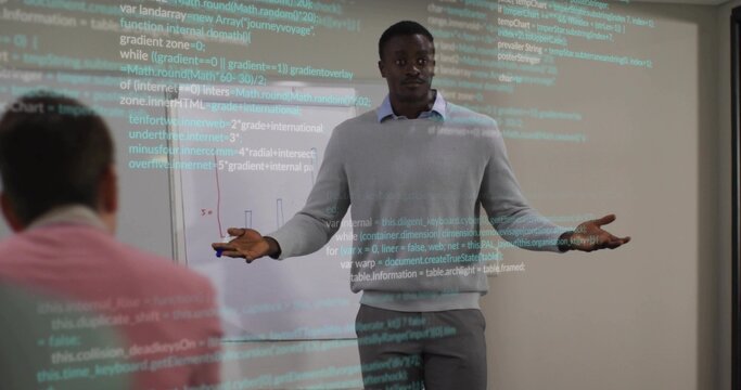 Gesturing presenter delivering training in meeting room, with whiteboard marker and projected code - Powered by Adobe