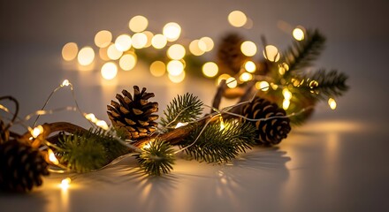 Warm incandescent string lights intertwine with natural pine cones and evergreen sprigs upon a reflective surface.