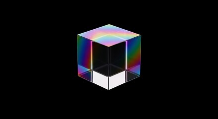 Transparent crystalline object refracts light into a spectrum of vivid colors against a dark background