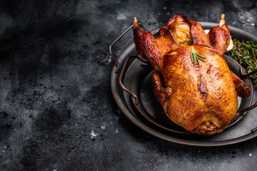 Roasted whole goose on steel tray. black background. top view