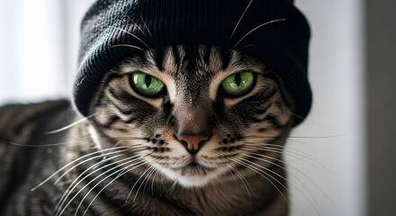 Closeup portrait of a tabby cat wearing a black beanie, with striking green eyes