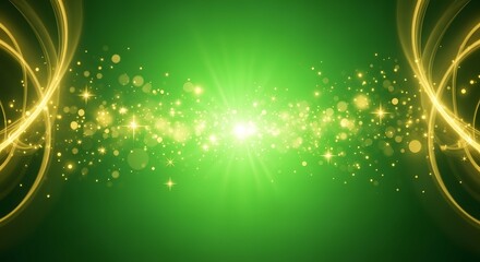 Abstract green background with glowing golden particles and swirling light effects, magical bokeh, festive background
