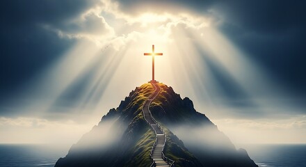 Illuminated religious symbol stands atop a rugged hill overlooking vast water under dramatic skies