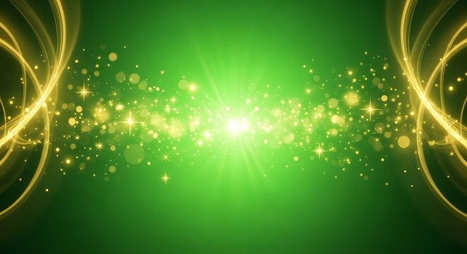 Abstract green background with glowing golden particles and swirling light effects, magical bokeh, festive background