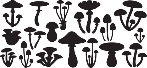 Mushroom silhouette set, illustrations in various styles, representing nature, fungi, and botanical concepts. vector © farwa atima