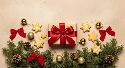 Holiday decorations and festive treats are arranged aesthetically on a light background for celebration