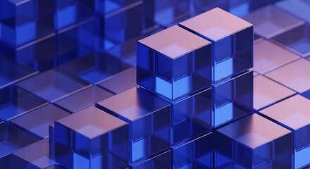 Three dimensional geometric arrangement composed of shimmering blue translucent cubes forms an abstract digital surface