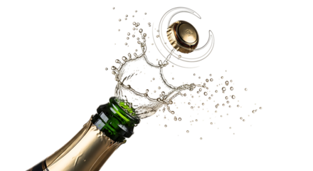 Closeup of a champagne bottle popping open, with the cork flying out and the bubbly liquid spraying in all directions, isolated on transparent background the scene captures the excitement and celebrat