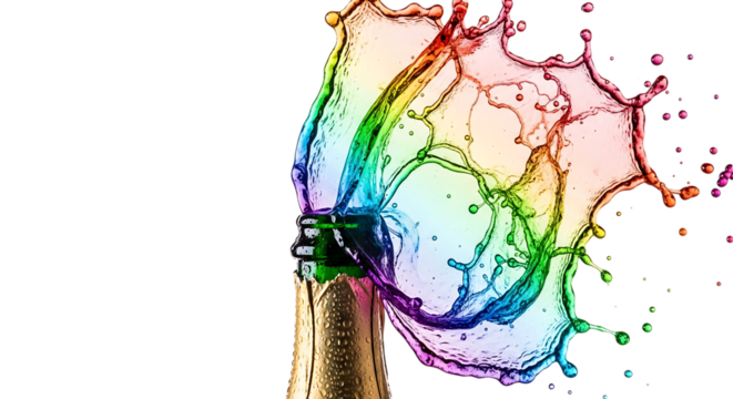 Champagne bottle exploding with rainbow colored liquid isolated on transparent background, creating a dynamic splash effect, showcasing the vibrant colors and the energy of the beverage in a captivati