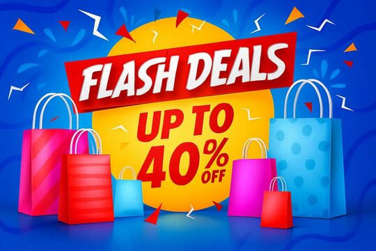 Exciting flash deals up to 40 percent off with colorful shopping bags and festive decorations