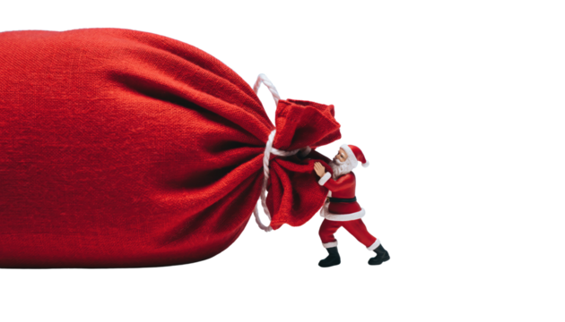 A miniature santa claus struggling to pull a very large red sack against a black background