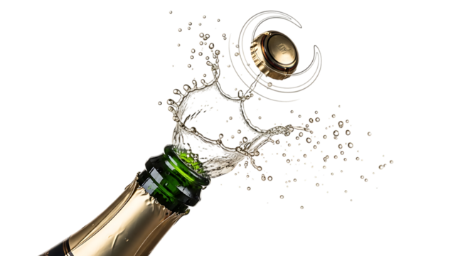 Closeup of a champagne bottle popping open, with the cork flying out and the bubbly liquid spraying in all directions, isolated on transparent background the scene captures the excitement and celebrat