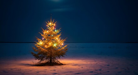 Illuminated evergreen tree stands alone in a dark, snow-covered landscape at night