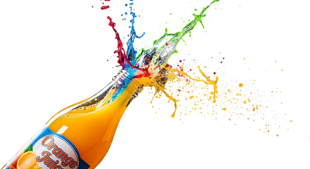 A vibrant explosion of colorful liquid erupts from a bottle, isolated on transparent background the dynamic splash showcases a mix of red, blue, green, and yellow hues, creating a visually striking an