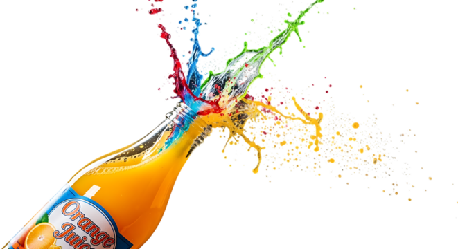 A vibrant explosion of colorful liquid erupts from a bottle, isolated on transparent background the dynamic splash showcases a mix of red, blue, green, and yellow hues, creating a visually striking an