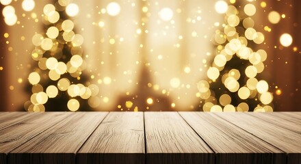 Wooden surface rests before warmly illuminated holiday trees with sparkling lights