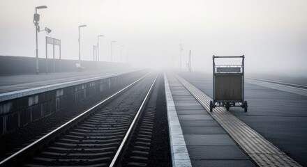 Empty train tracks disappear into thick, atmospheric morning mist