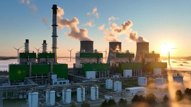Green Hydrogen Factory at Sunrise &mdash; Foggy Cinematic Light Rays Highlighting Clean Energy Revolution