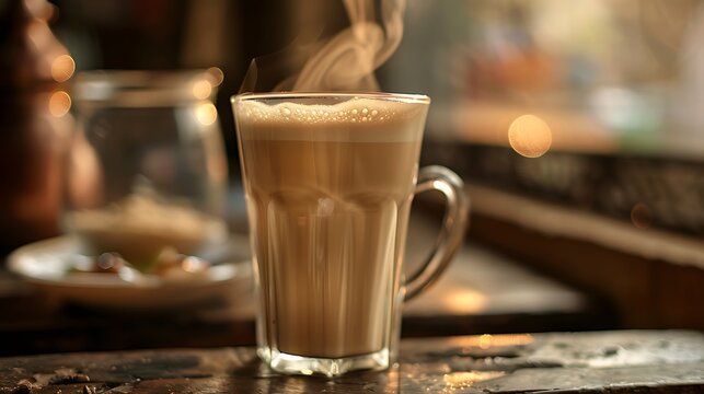 A steaming glass mug of coffee with foam sits on a table with a blurred background of other objects