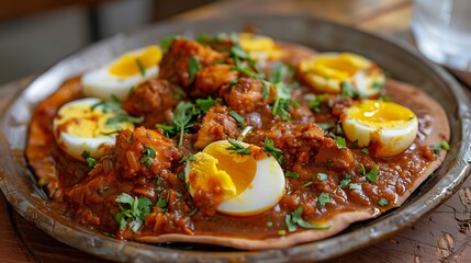 A close up of a flatbread topped with curry chicken and halved hard boiled eggs and parsley garnish