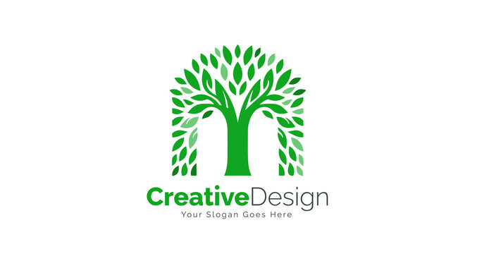 Creative Letter M with Tree Logo Design. Letter M Logo Design.