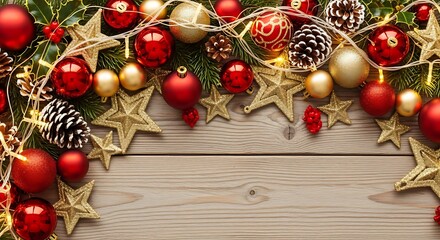 Festive holiday border arrangement decorates a wooden surface with glittering ornaments and natural elements