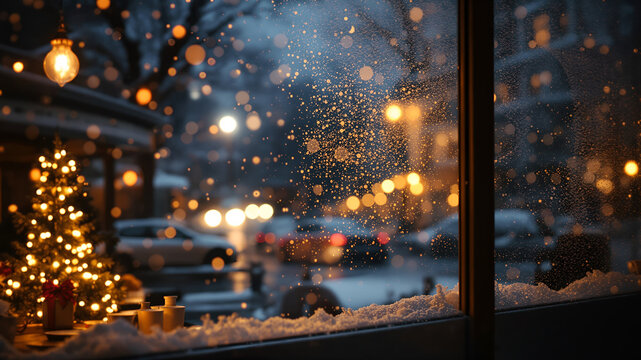 A view through a window of a snowy city street at night with a Christmas tree inside