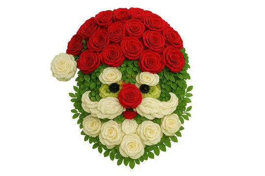 Santa claus face made of red and white roses and green leaves on a transparent background, festive floral arrangement for christmas holiday season