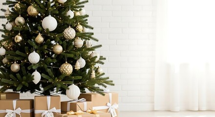Evergreen holiday tree decorated with white and gold ornaments stands beside wrapped gifts near a bright window