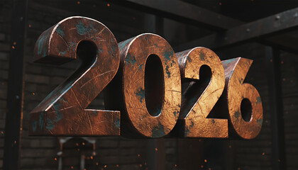 Rusty, textured 3D numerals spelling out the year 2026, set against a dark, industrial background with subtle sparks and atmospheric dust.