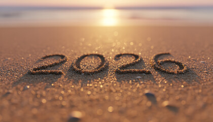 The year 2026 etched into the sandy shore with the sun setting over the ocean in the background.