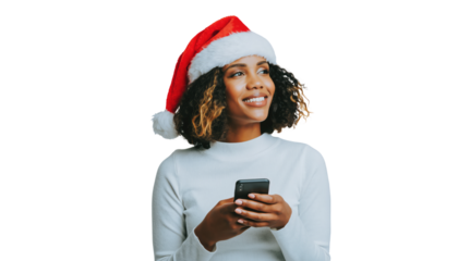 Woman in santa hat holding a phone looking to the side on a black background in a white sweater